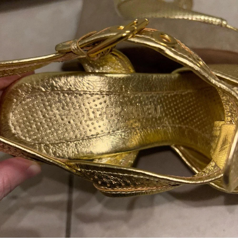 Goldenbleu Perforated Gold Mesh Platform Sandals